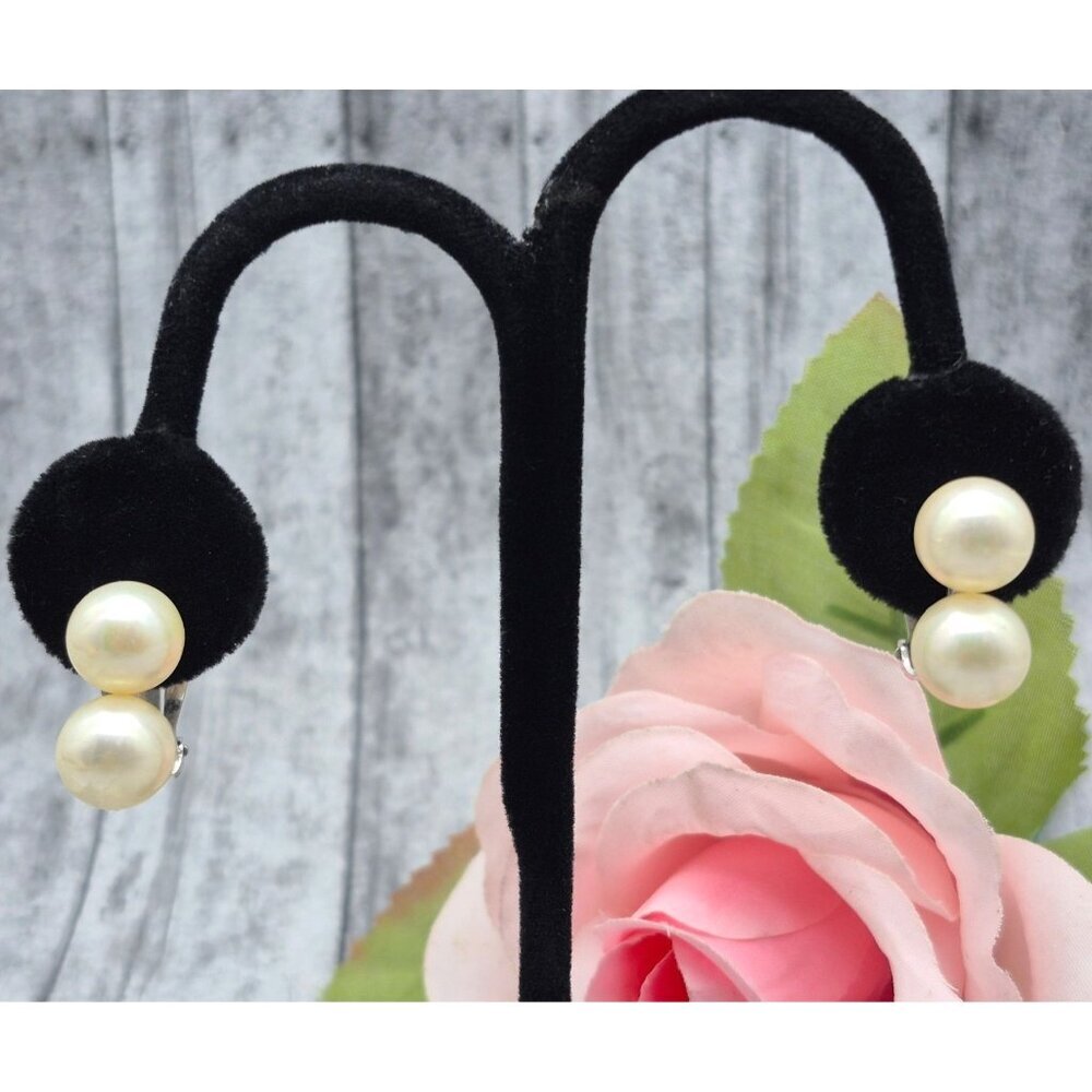 Vintage Marvella Double Faux Pearl Clip-On Earrings Elegant Mid Century Jewelry